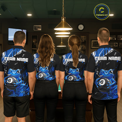 Custom Funny Frog 8 Ball Billiard Team Jersey Polo & Quarter-Zip Billiard Shirt For Women | Blue NYN3955