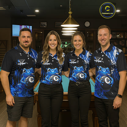 Custom Funny Frog 8 Ball Billiard Team Jersey Polo & Quarter-Zip Billiard Shirt For Women | Blue NYN3955