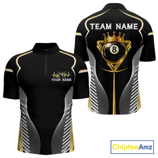 Black & Gold 8 Ball Pool Crown Men Billiard Team Shirt Custom Billiards Balls & Cue Gifts NYN2394