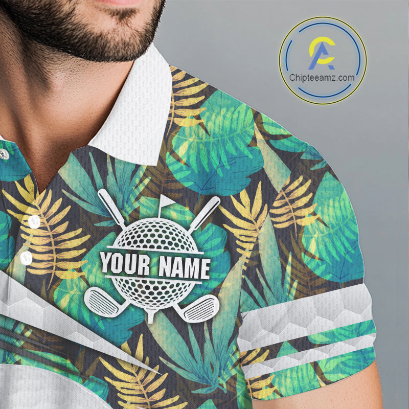 Custom Name Green Tropical Pattern Golf Mens Polo Shirt, Best White Ball Golf Clothing For Mens NYN2992