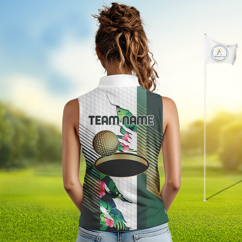 Womens Tropical Golf Shirts Monstera Pattern Golf Clothing Custom Green Golf Sleeveless Polo, Golf Upf Shirts NYN2996