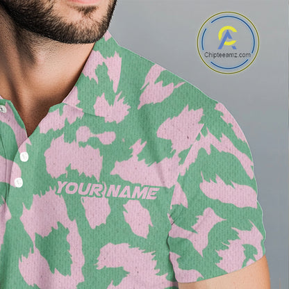 Mens Leopard Pattern Golf Polo Shirts Custom Green Pink Golf Clubs Pattern Attire, Golf Upf Shirts NYN3000