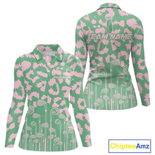Load image into Gallery viewer, Womens Leopard Pattern Golf Polo Shirts Custom Green Pink Golf Clubs Pattern Attire, Golf Upf Shirts NYN3000