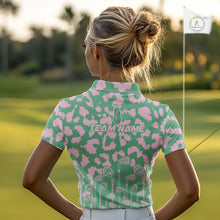 Load image into Gallery viewer, Womens Leopard Pattern Golf Polo Shirts Custom Green Pink Golf Clubs Pattern Attire, Golf Upf Shirts NYN3000