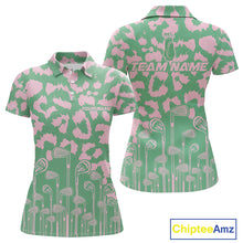 Load image into Gallery viewer, Womens Leopard Pattern Golf Polo Shirts Custom Green Pink Golf Clubs Pattern Attire, Golf Upf Shirts NYN3000