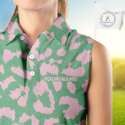 Womens Golf Leopard Pattern Golf Sleeveless Polo Shirts Custom Green Pink Golf Clubs Attire, Golf Upf Shirts NYN3000