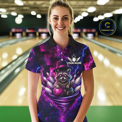 Raccoon Funny Bowling Polo 1/4-Zip Shirts For Women Custom Galaxy Tornado Bowling Team Jerseys NYN3413