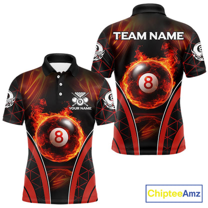 Red Flames Pool 8 Ball Men Billiard Polo & 1/4-Zip Shirts Custom Billiard Team Shirt Designs NYN2404