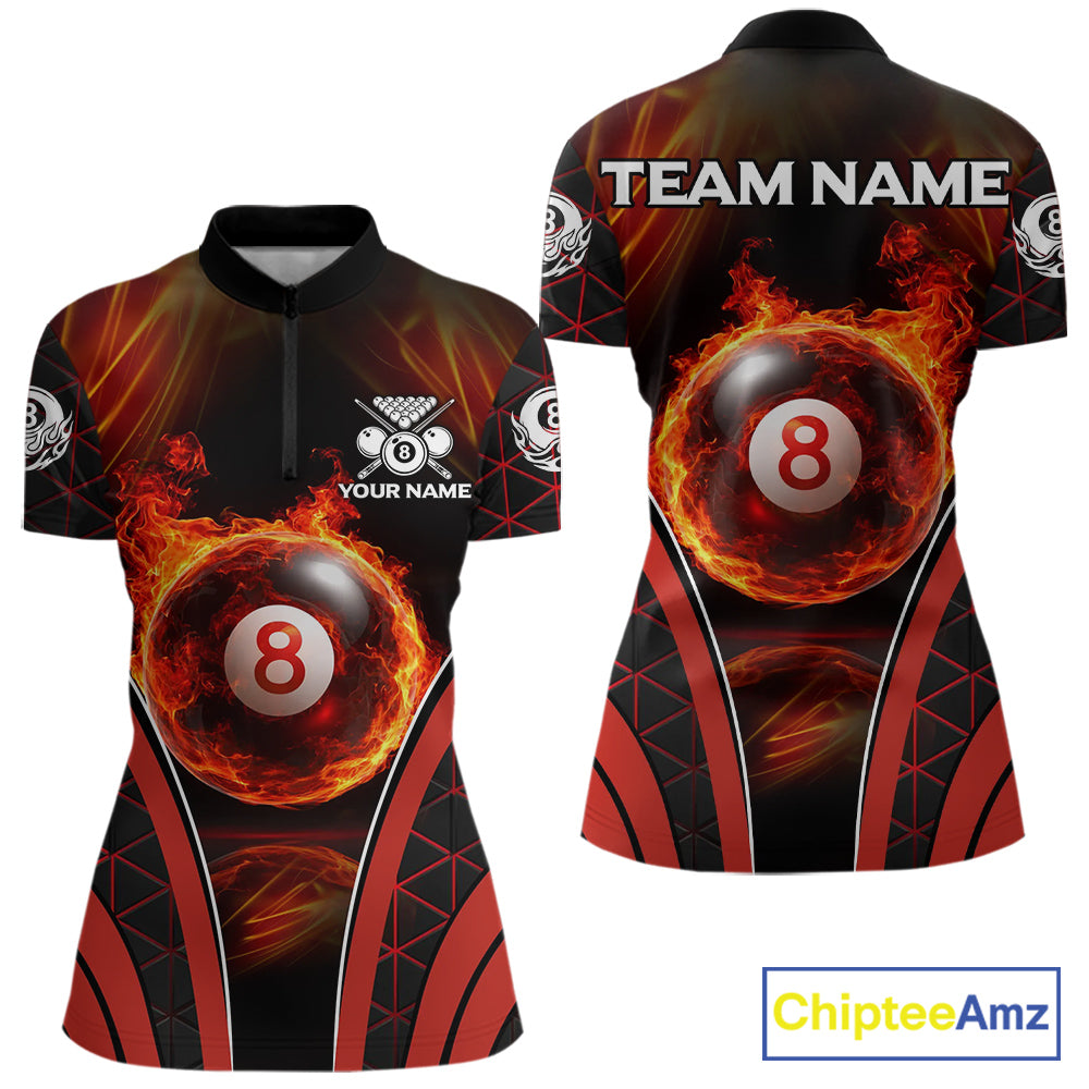 Red Flames Pool 8 Ball Women Billiard Polo & 1/4-Zip Shirts Custom Billiard Team Shirt Designs NYN2404