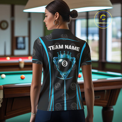 Black & Blue Crown 8 Ball Pool Billiard Apparel For Women Custom Billiard Team Shirt Designs NYN2407