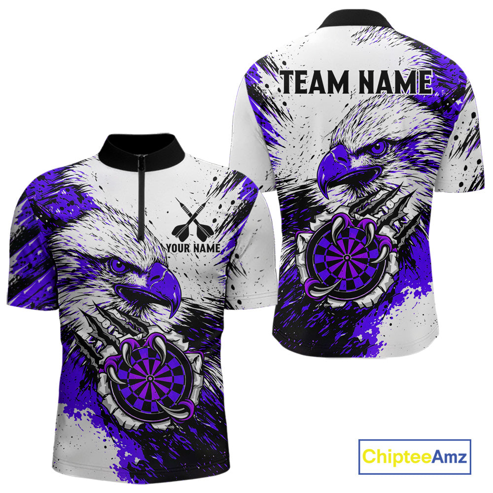 Custom Purple Grunge Eagle Scratch Dartboard Men Darts Polo & 1/4-Zip Shirts Dart Team Jerseys NYN2796