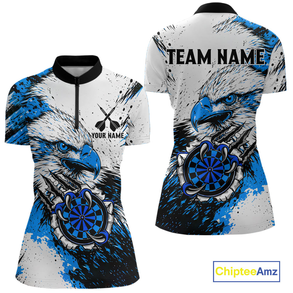 Custom Blue Grunge Eagle Scratch Dartboard Women Darts Polo & 1/4-Zip Shirts Dart Team Jerseys NYN2797
