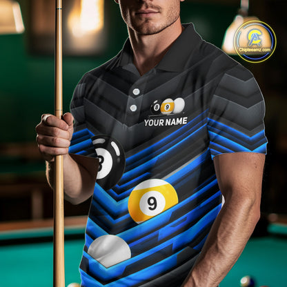 Male model wearing Black Blue billiard tournament polo, custom pool team jersey, 8 Ball 9 Ball cue sports apparel, bar league championship uniform