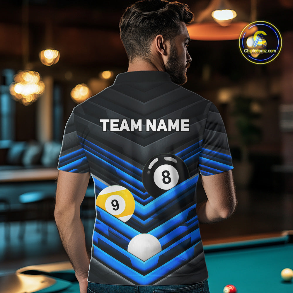 Male model wearing Black Blue billiard tournament polo, custom pool team jersey, 8 Ball 9 Ball cue sports apparel, bar league championship uniform