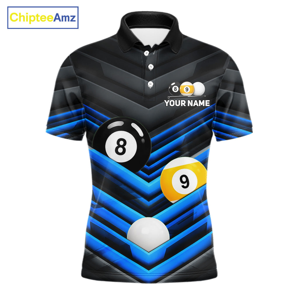 Black Blue men's pool tournament polo jersey featuring 8 Ball 9 Ball graphics, custom billiards team apparel, cue sport championship uniform