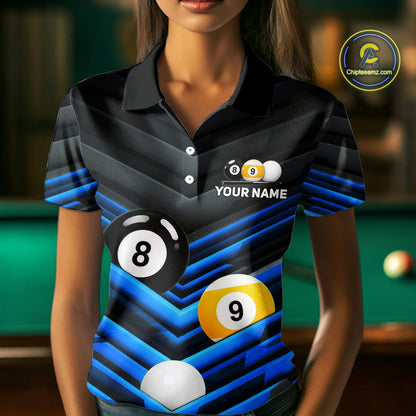 Female model wearing Black Blue pool polo jersey, personalized billiard apparel, cue sports tournament clothing, league team outfit