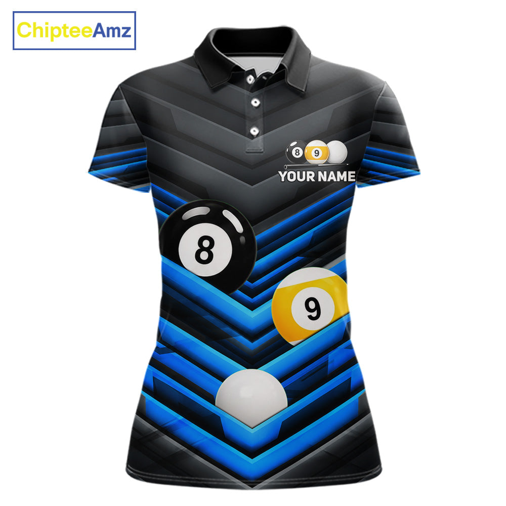 Black Blue 8 Ball & 9 Ball women's billiard tournament polo shirt, custom pool jersey, cue sports apparel, league uniform, championship team clothing