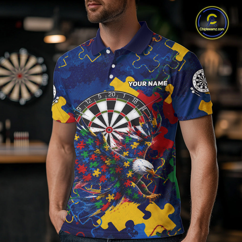 Male model wearing Personalized Eagle Puzzle darts polo, custom name tournament jersey, awareness-inspired league apparel, premium sportswear