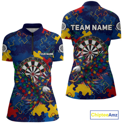 Women's Eagle Puzzle Pieces quarter-zip darts jersey featuring personalized name, dartboard artwork, awareness tournament clothing, custom athletic performance apparel