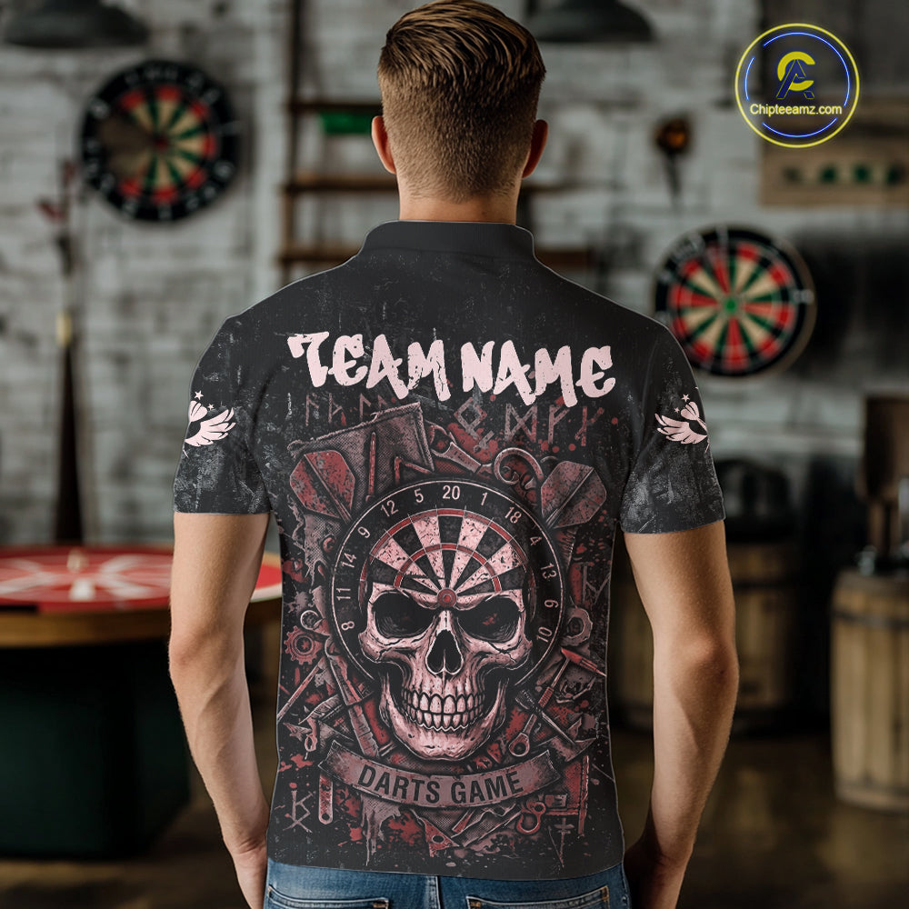 Red Graffiti Grunge Skull Darts Shirt For Men Custom Name & Team Skull Dart Outfit Jerseys NYN3985