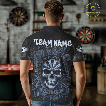 Blue Graffiti Grunge Skull Darts Shirt For Men Custom Name & Team Skull Dart Outfit Jerseys NYN3986