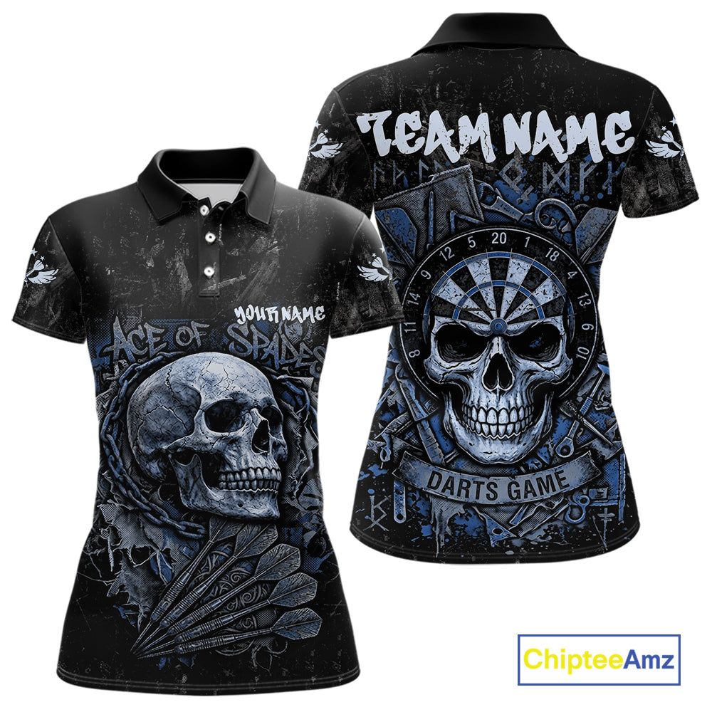 Blue Graffiti Grunge Skull Darts Shirt For Women Custom Name & Team Skull Dart Outfit Jerseys NYN3986