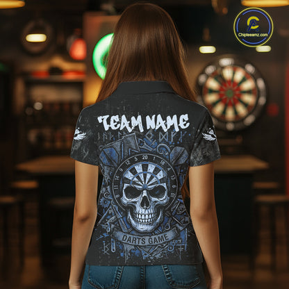 Blue Graffiti Grunge Skull Darts Shirt For Women Custom Name & Team Skull Dart Outfit Jerseys NYN3986