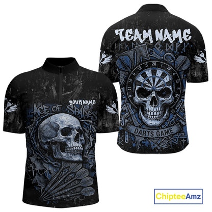 Blue Graffiti Grunge Skull Darts Shirt For Men Custom Name & Team Skull Dart Outfit Jerseys NYN3986