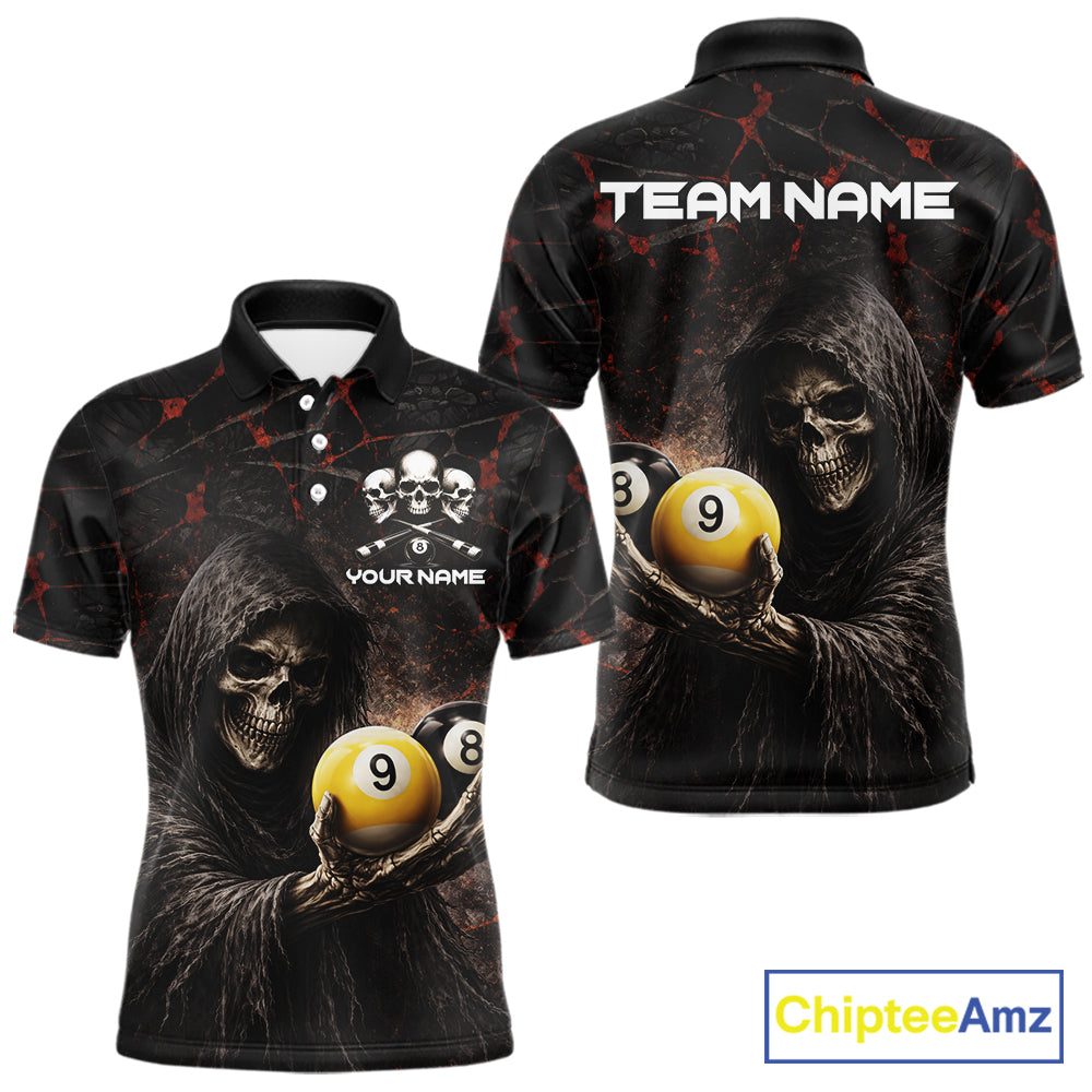Red Grunge Grim Reaper Hold 8 Ball & 9 Ball Pool Men Billiard Shirt Custom Billiard Team Attire NYN2639