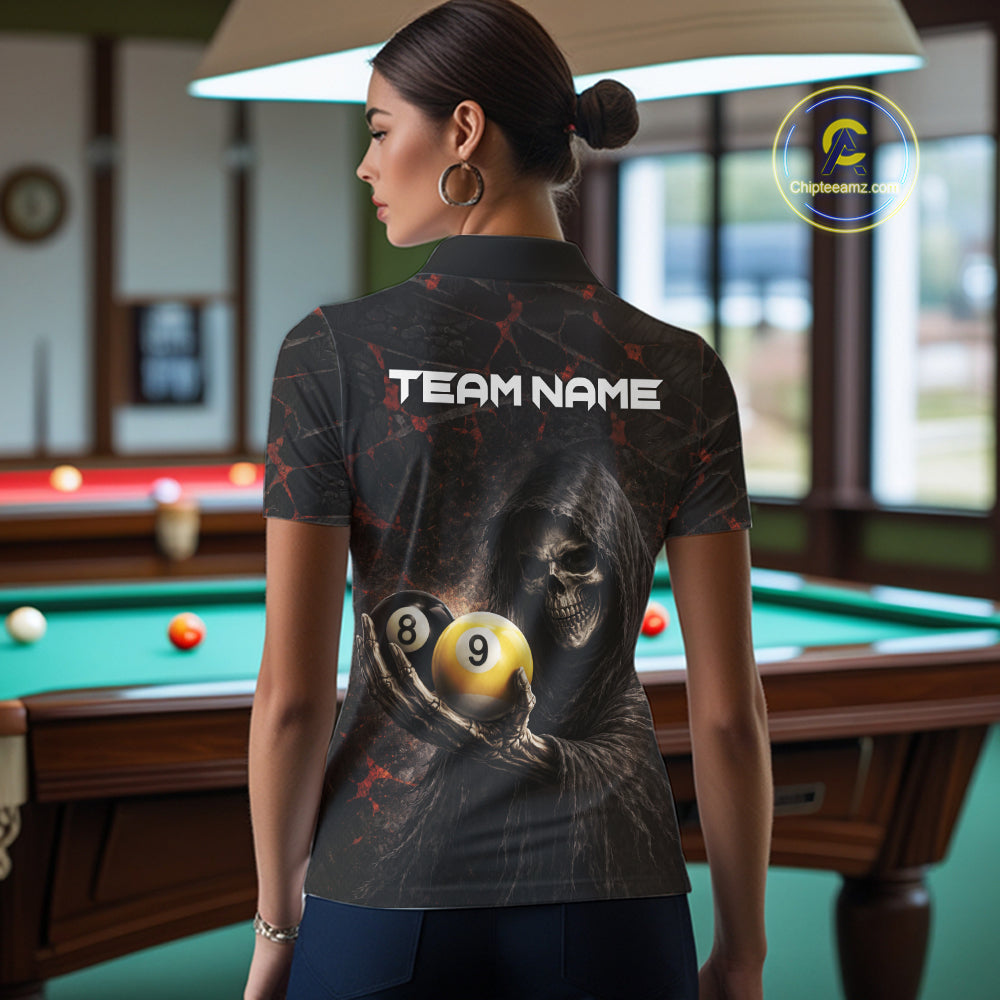 Red Grunge Grim Reaper Hold 8 Ball & 9 Ball Pool Women Billiard Shirt Custom Billiard Team Attire NYN2639