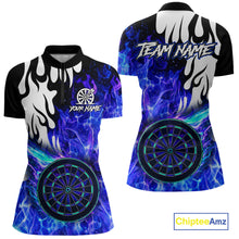 Load image into Gallery viewer, Custom Blue Flaming Dartboard Darts Polo &amp; 1/4-Zip Shirts For Women Fire Dart Team Jerseys NYN2804