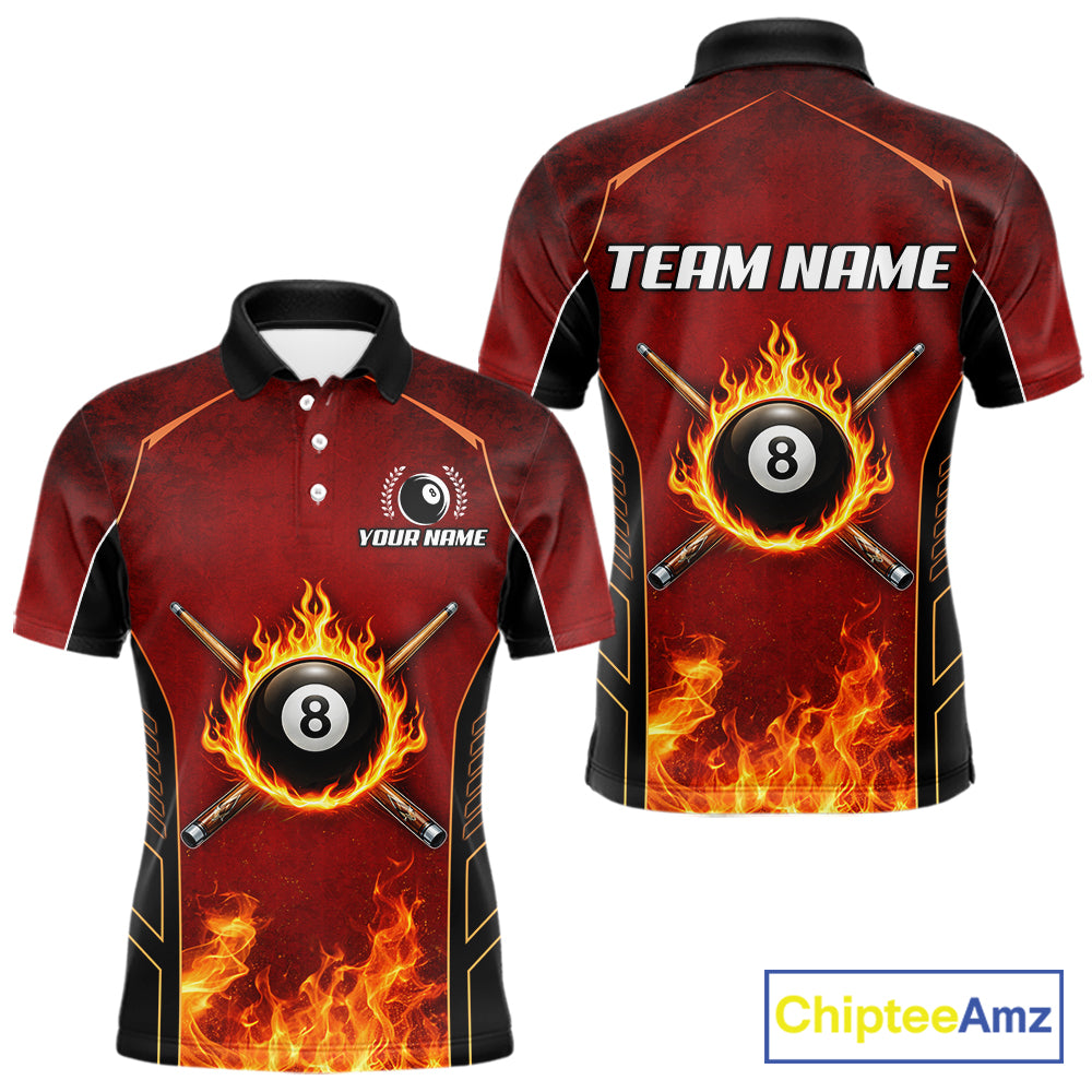 Red Billiard 8 Ball Cue Shirts For Men Custom Fire Flame Pool Team Billiard Polo & 1/4 Zip Jerseys NYN3016