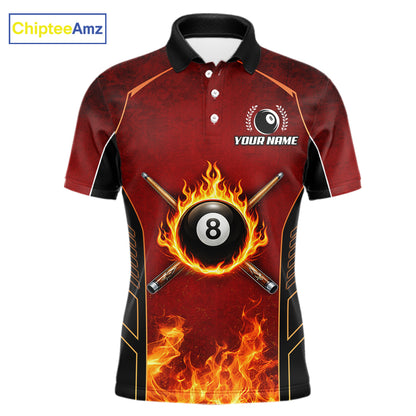 Red Billiard 8 Ball Cue Shirts For Men Custom Fire Flame Pool Team Billiard Polo & 1/4 Zip Jerseys NYN3016