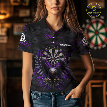 Female model wearing Purple Grunge Eagle Custom Dart Polo, Personalized League Shirt, Professional Tournament Apparel