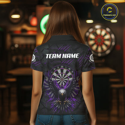 Female model wearing Purple Grunge Eagle Custom Dart Polo, Personalized League Shirt, Professional Tournament Apparel