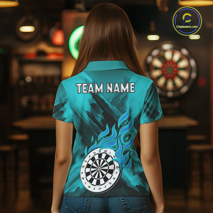 Custom Turquoise Flaming White Dartboard Dart Polo Shirt For Women Outfits Dart Jerseys NYN1611