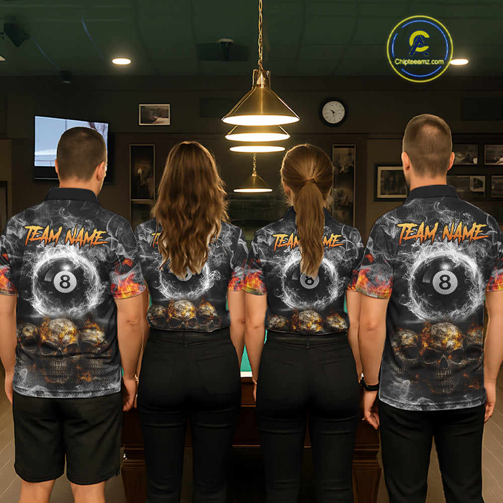 Fire Flame Skull Balls Billiard Shirt For Men Custom Smoke Ball 8 Pool Billiard Team Shirts NYN2414