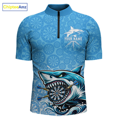 Blue Ferocious Shark Dartboard & Arrow Men Darts 1/4-Zip Shirt Custom Funny Dart League Shirt NYN2647