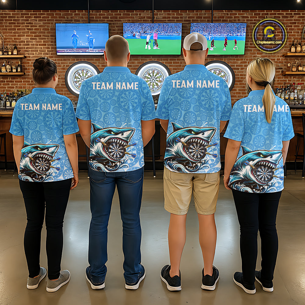 Blue Ferocious Shark Dartboard & Arrow Men Darts Polo Shirt Custom Funny Dart League Shirt NYN2647