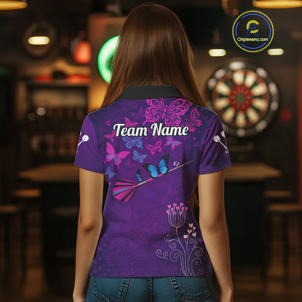 Purple Butterflies Dart Arrow Women's Darts Shirt - Custom Name For Darts Jersey NYN0476