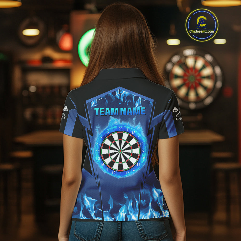 Blue Flaming Dartboard Women's Flaming Darts Shirt - Custom Name For Darts Jersey NYN0481