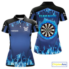 Load image into Gallery viewer, Blue Flaming Dartboard Women's Flaming Darts Shirt - Custom Name For Darts Jersey NYN0481