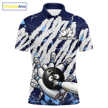 Blue and white grunge bowling ball and pins shirt for men custom bowling team jersey