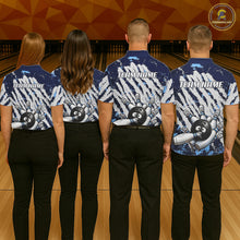 Load image into Gallery viewer, Blue And White Grunge Funny Bowling Ball &amp; Pins Shirts Custom Team Bowling Jerseys For Women NYN3445