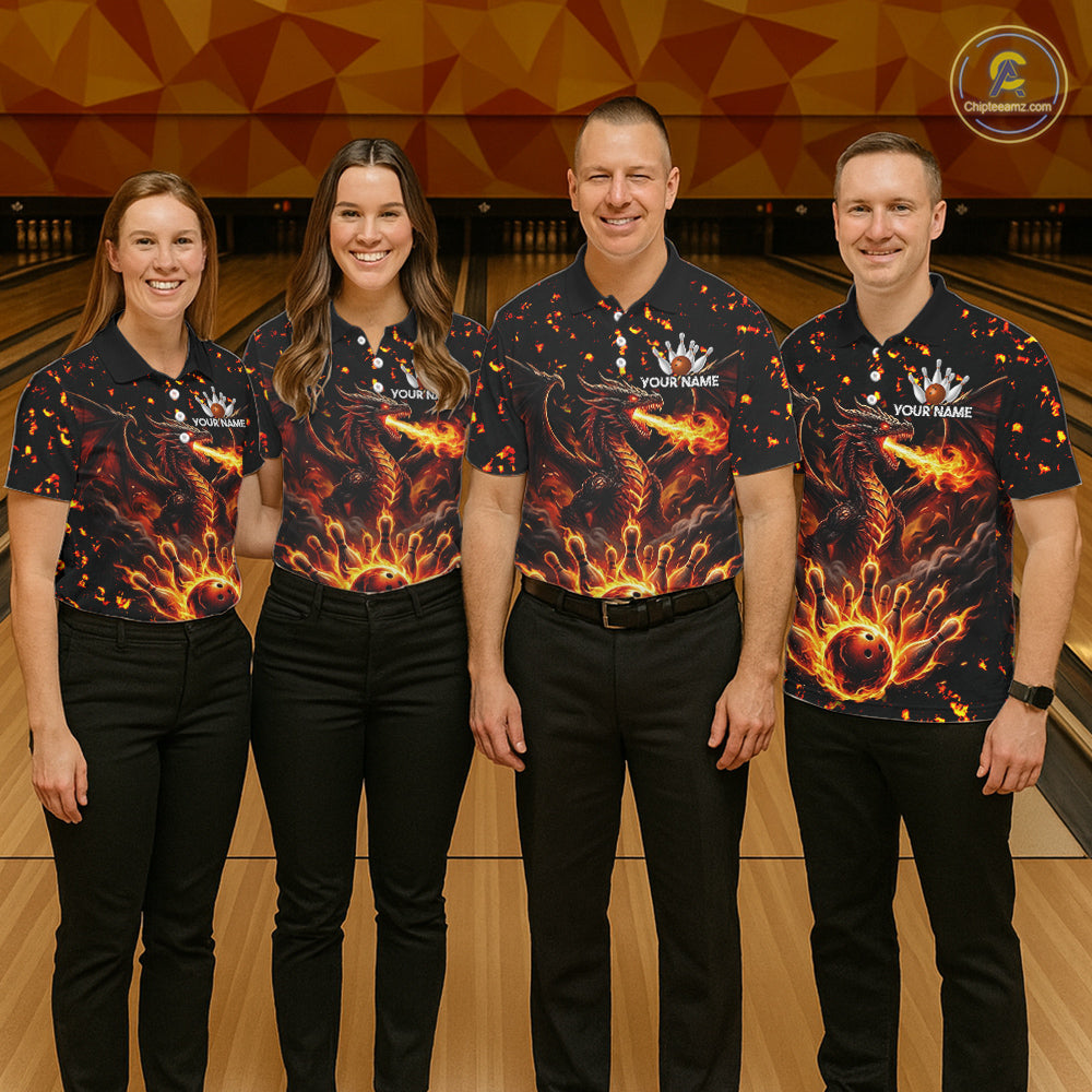 Fire Flame Dragon Bowling Polo Quarter Zip Shirts For Women Custom Team Bowling Jerseys | Red NYN3450
