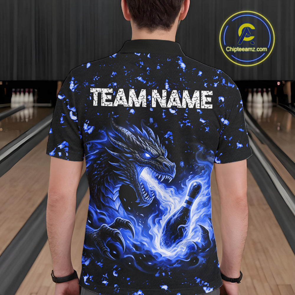 Fire Flame Dragon Bowling Polo Quarter Zip Shirts For Men Custom Team Bowling Jerseys | Blue NYN3451
