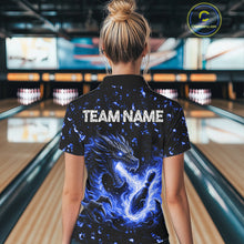 Load image into Gallery viewer, Fire Flame Dragon Bowling Polo Quarter Zip Shirts For Women Custom Team Bowling Jerseys | Blue NYN3451