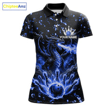 Load image into Gallery viewer, Fire flame dragon bowling polo quarter zip shirt for women blue bowling team jersey