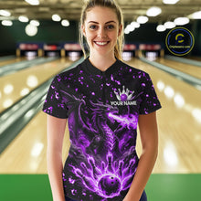 Load image into Gallery viewer, Fire Flame Dragon Bowling Polo Quarter Zip Shirts For Women Custom Team Bowling Jerseys | Purple NYN3452