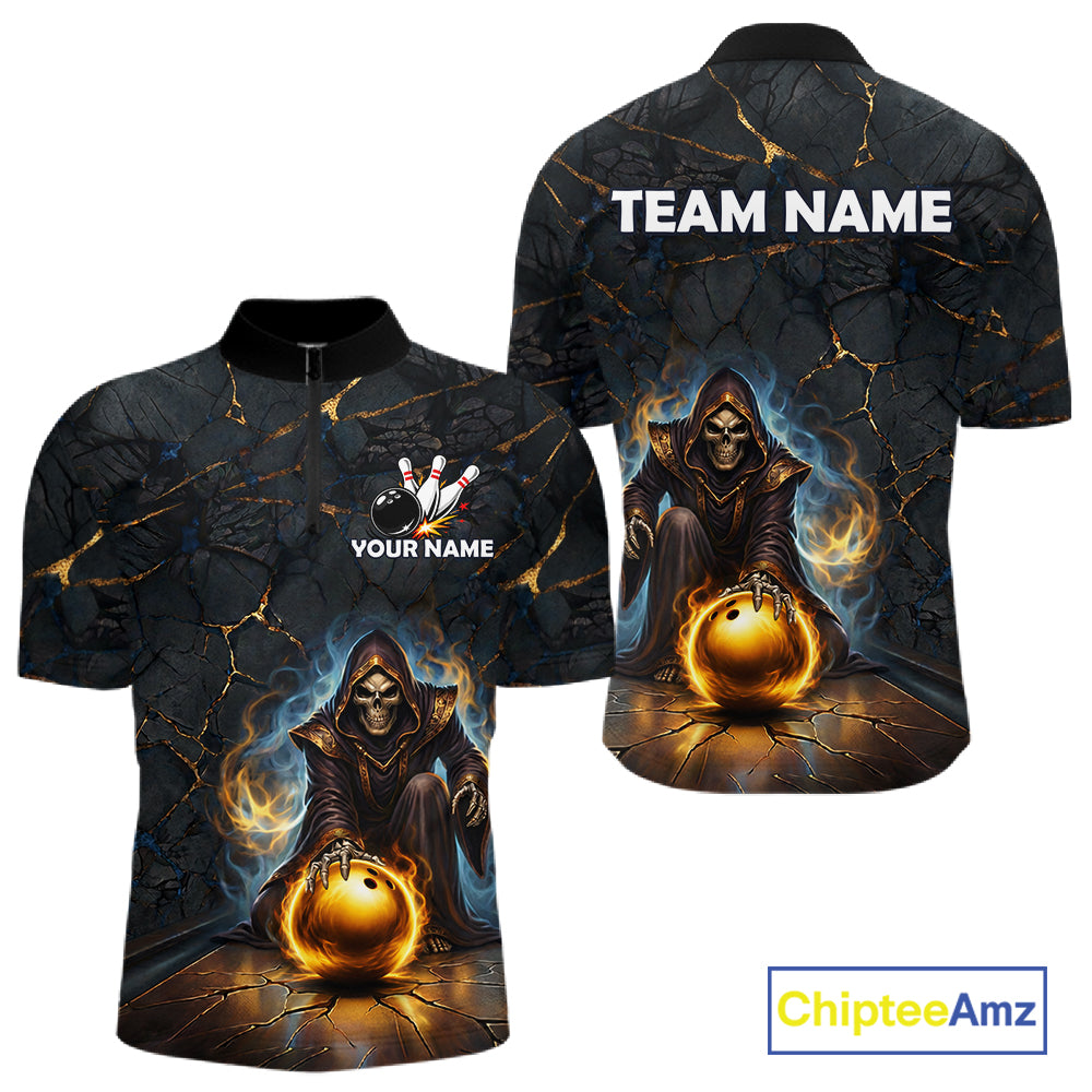 Flame Grim Reaper Custom Men Bowling Polo & Quarter-Zip Shirts Gold Bowling Ball League Jerseys NYN3011